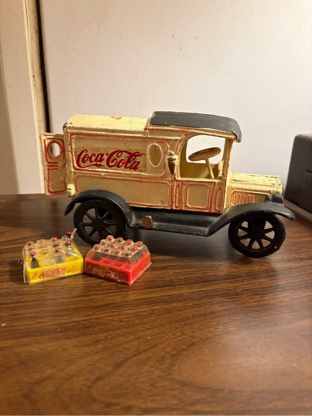 Vintage Cast Coca Cola Cream and Black Retro Toy Delivery Truck with Mini Crates